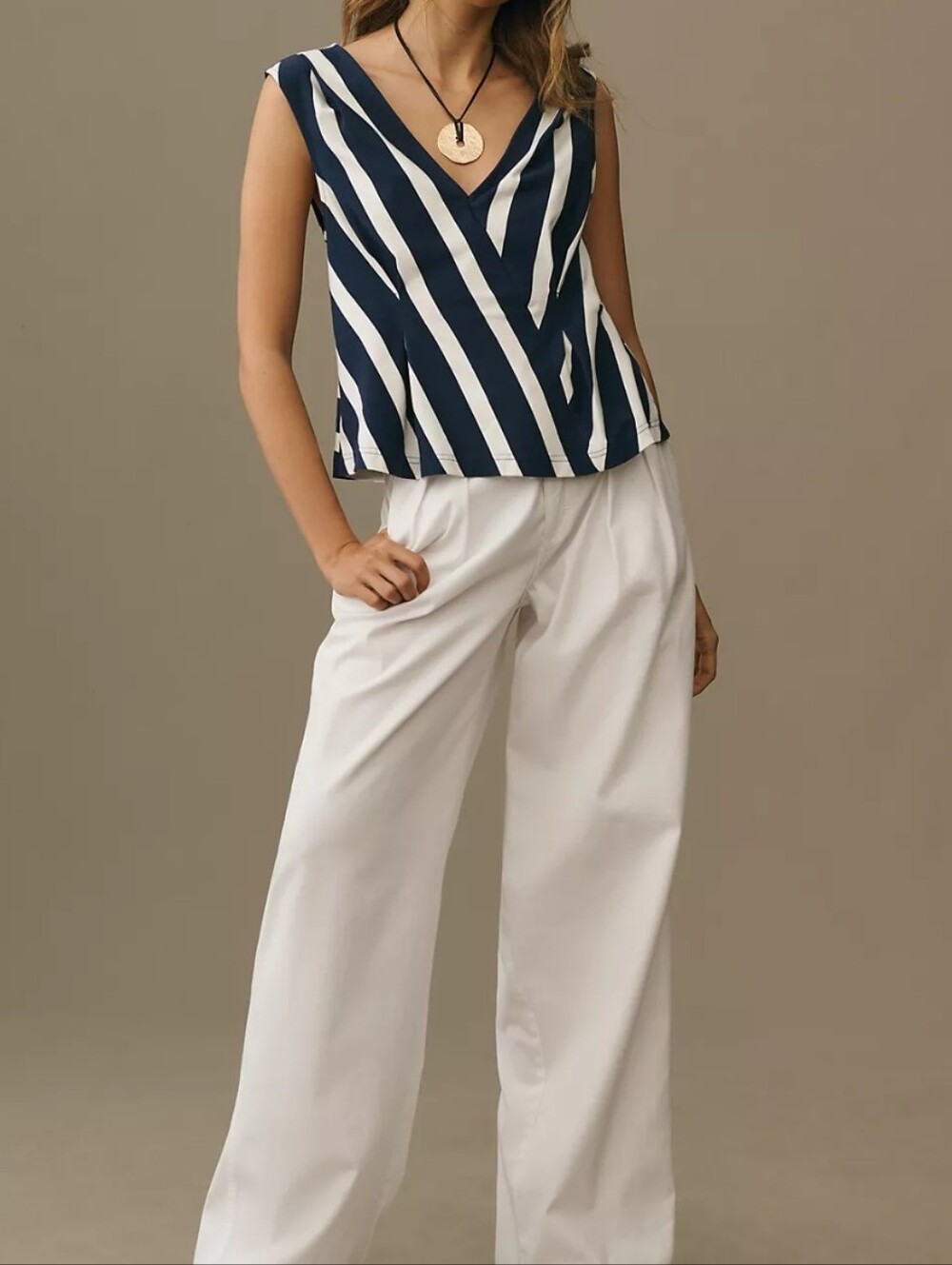 Maeve Corset Navy & White Striped V-Neck Sleeveless Top Sz L